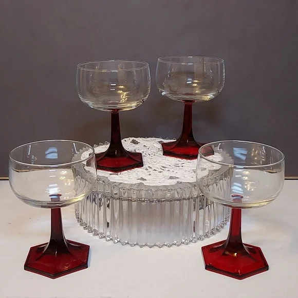 Luminarc France Ruby Red Hexagon Base Goblets set of 4 Early 1990s
